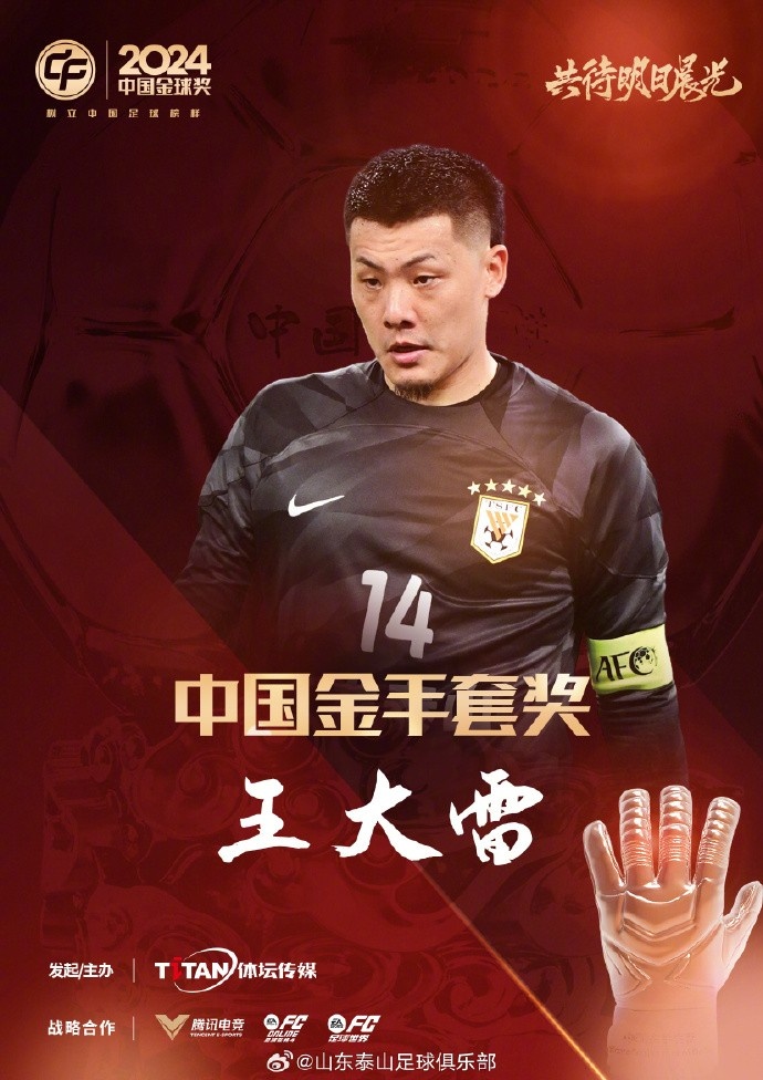  王大雷榮獲中國金手套獎，謝文能入選中國金球獎候選人前三名