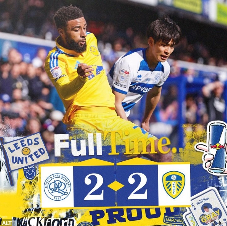  英冠榜首利茲聯(lián)連追兩球2-2戰(zhàn)平QPR，近4輪僅1勝領先優(yōu)勢縮小